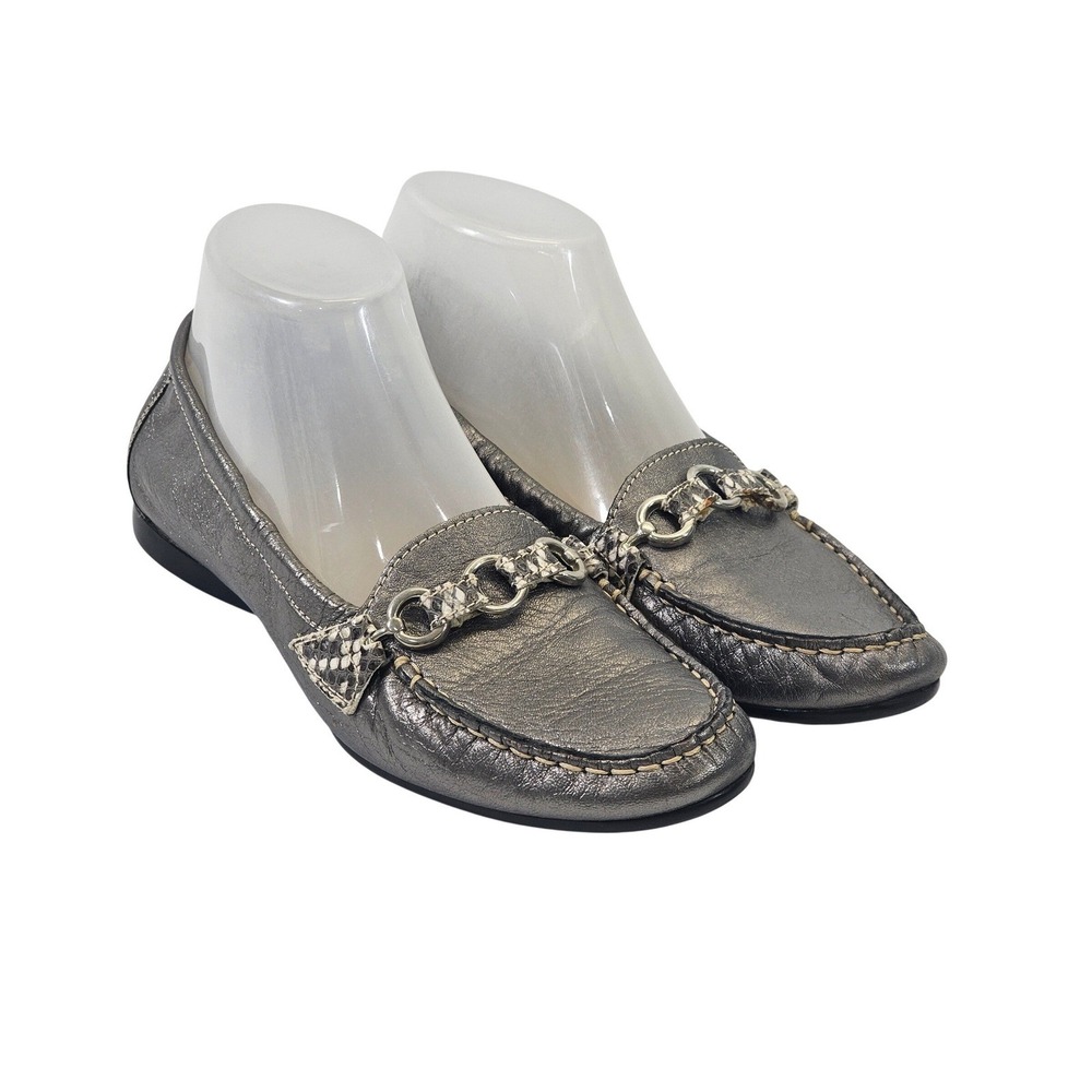 AGL Attilio Giusti Leombruni Metallic Pewter Leather Chain Bit‎ Loafers 37.5 / 7